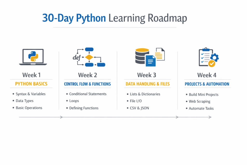 30-Day Python Study Plan divided into four structured weeks