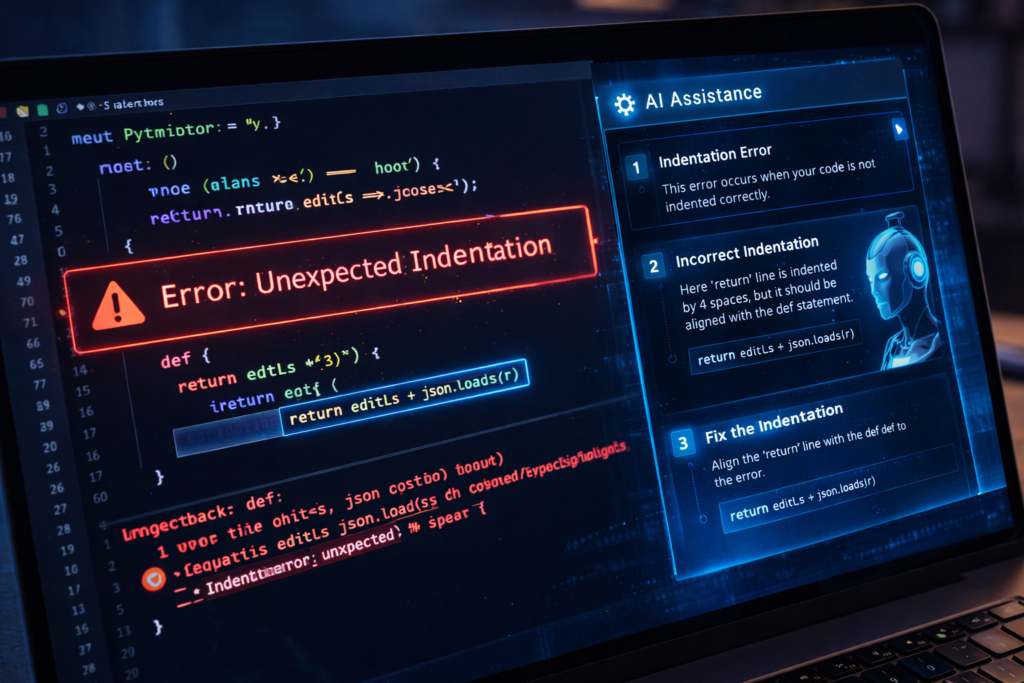 Python error message displayed in code editor with AI assistant explaining the issue, showing how beginners can fix common Python mistakes step-by-step