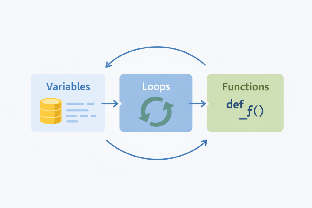 Python basics for beginners infographic showing how variables, loops, and functions work together in a program