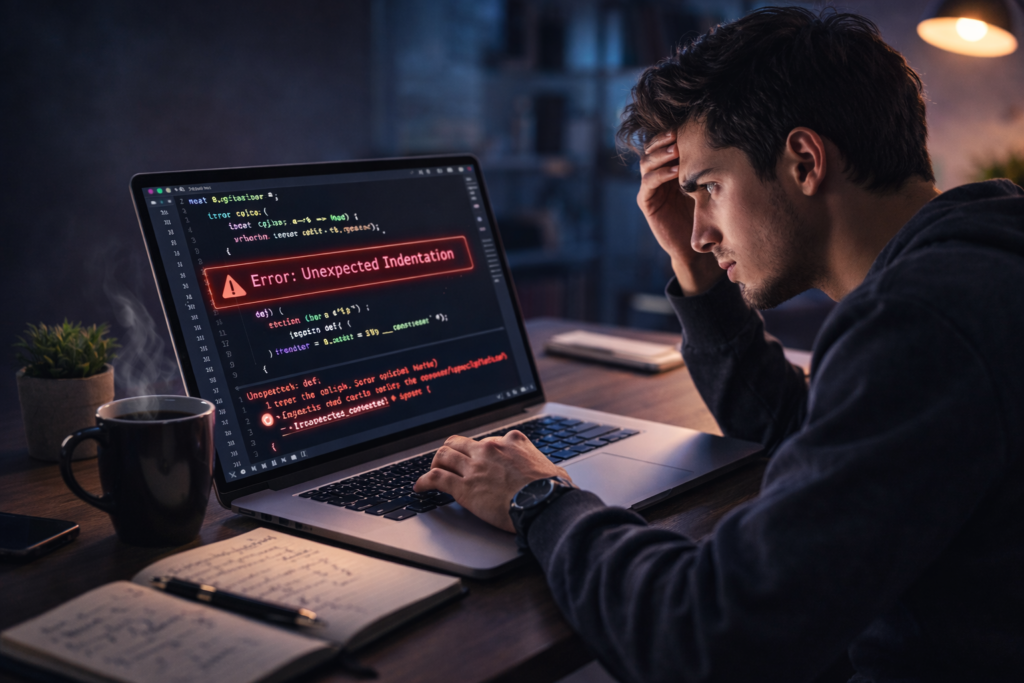 Beginner programmer looking confused at a Python error message on laptop screen, illustrating common Python beginner mistakes and debugging challenges