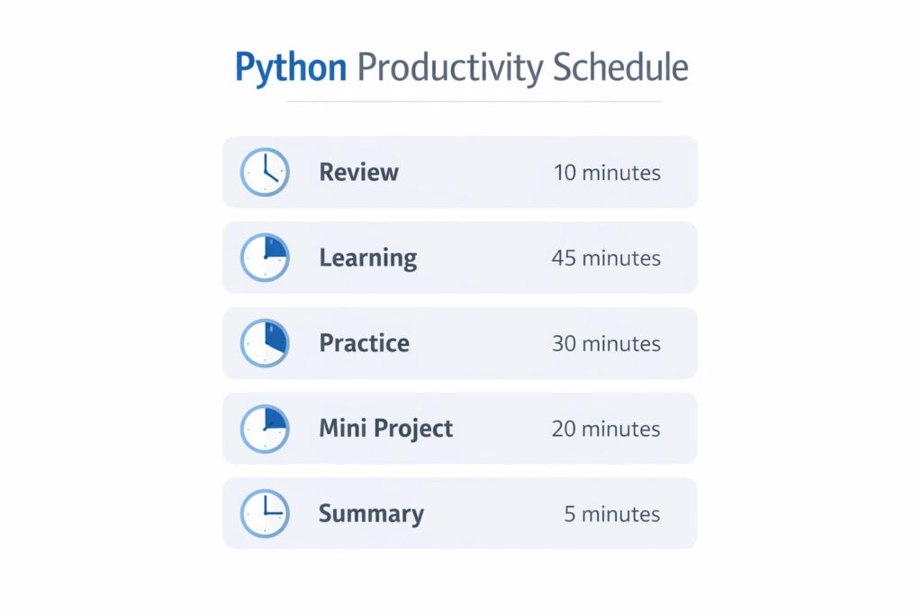 Daily structured Python study routine with time blocks for review, learning, practice, and projects