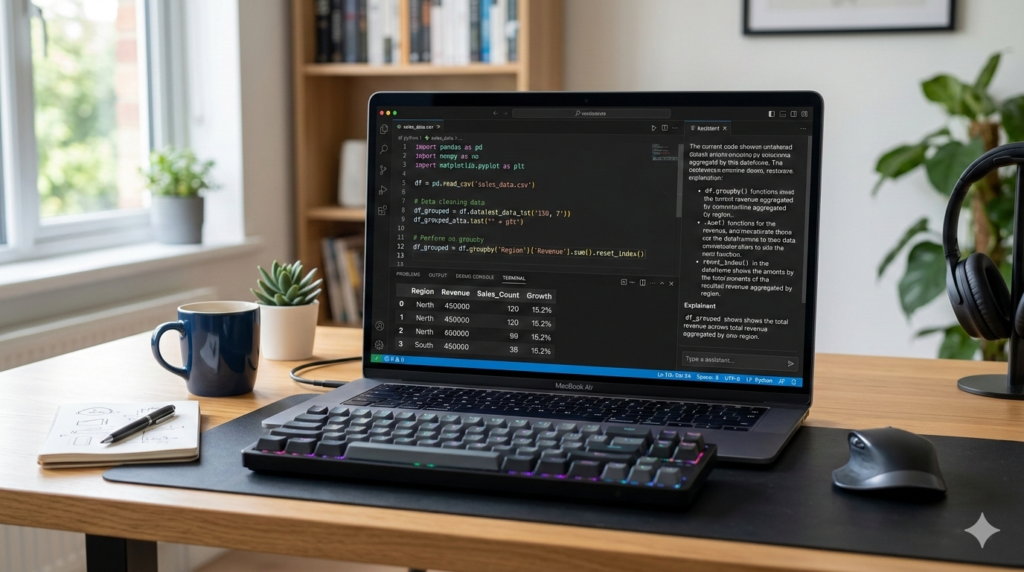 Learning Python data analysis with AI guidance on laptop screen