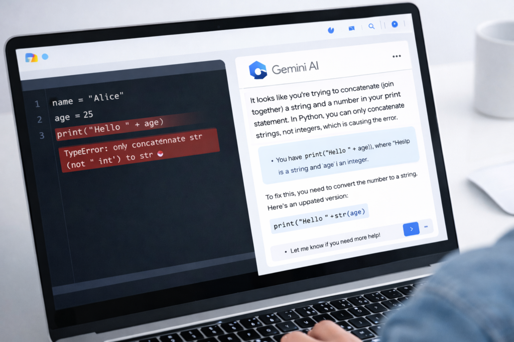 Beginner debugging Python error using Google Gemini AI assistant