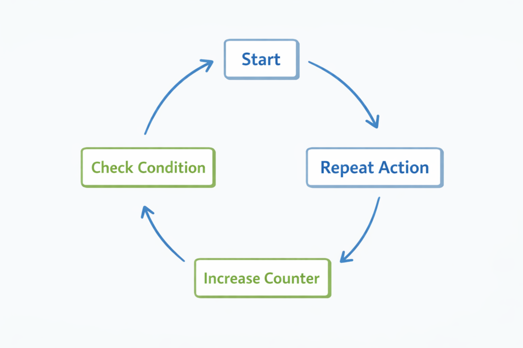 Python basics for beginners diagram explaining how a for loop repeats actions step by step