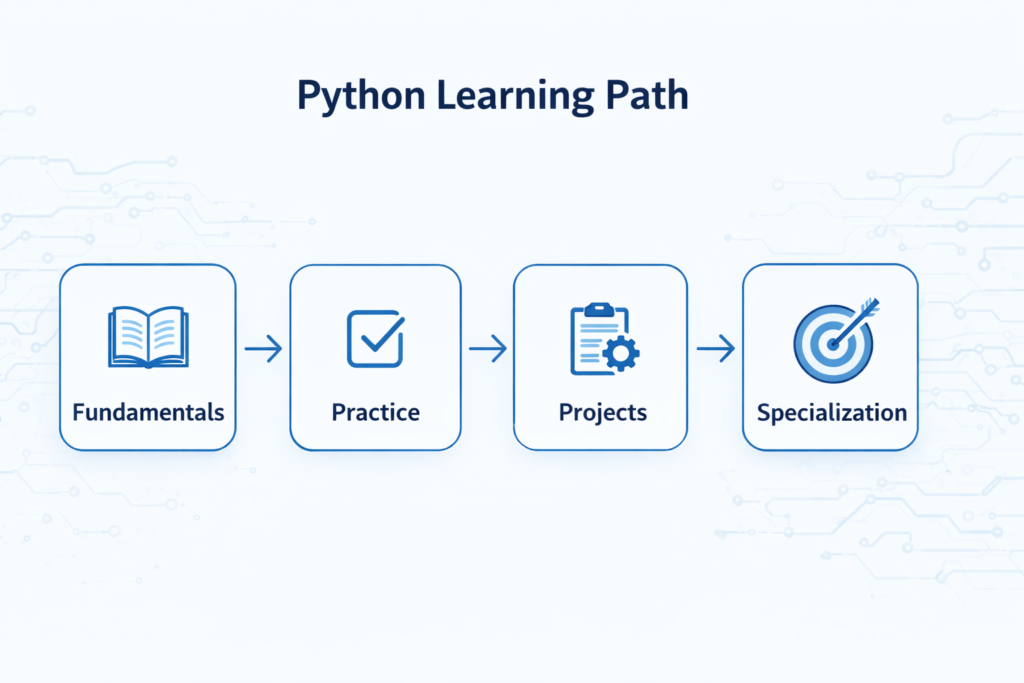 Step-by-step Python learning roadmap infographic showing fundamentals, practice, projects, and specialization to avoid beginner mistakes