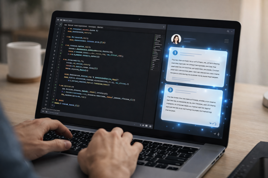 Student using AI assistant to learn programming on laptop with Python code