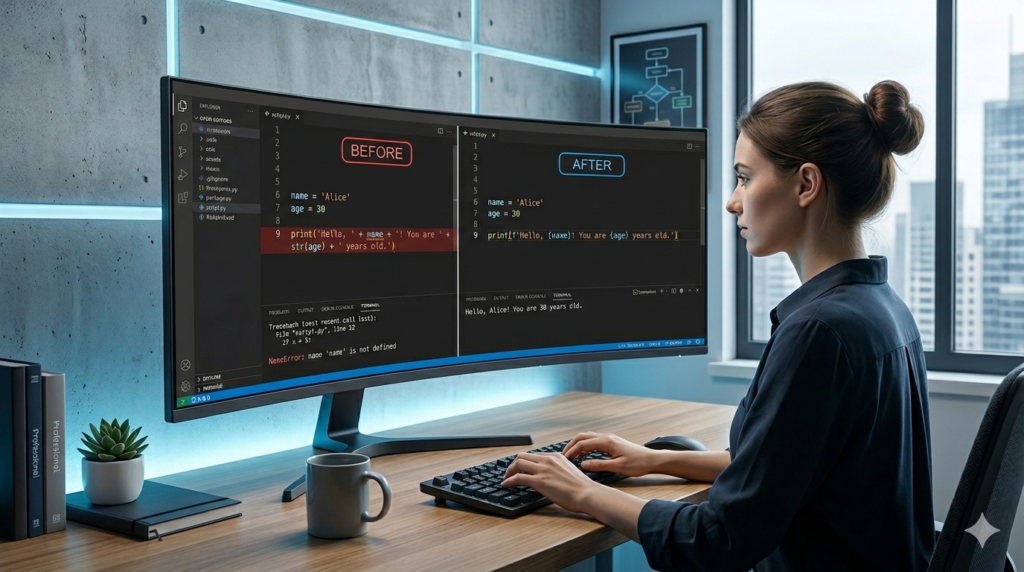 Before and after Python debugging improvement using AI suggestions