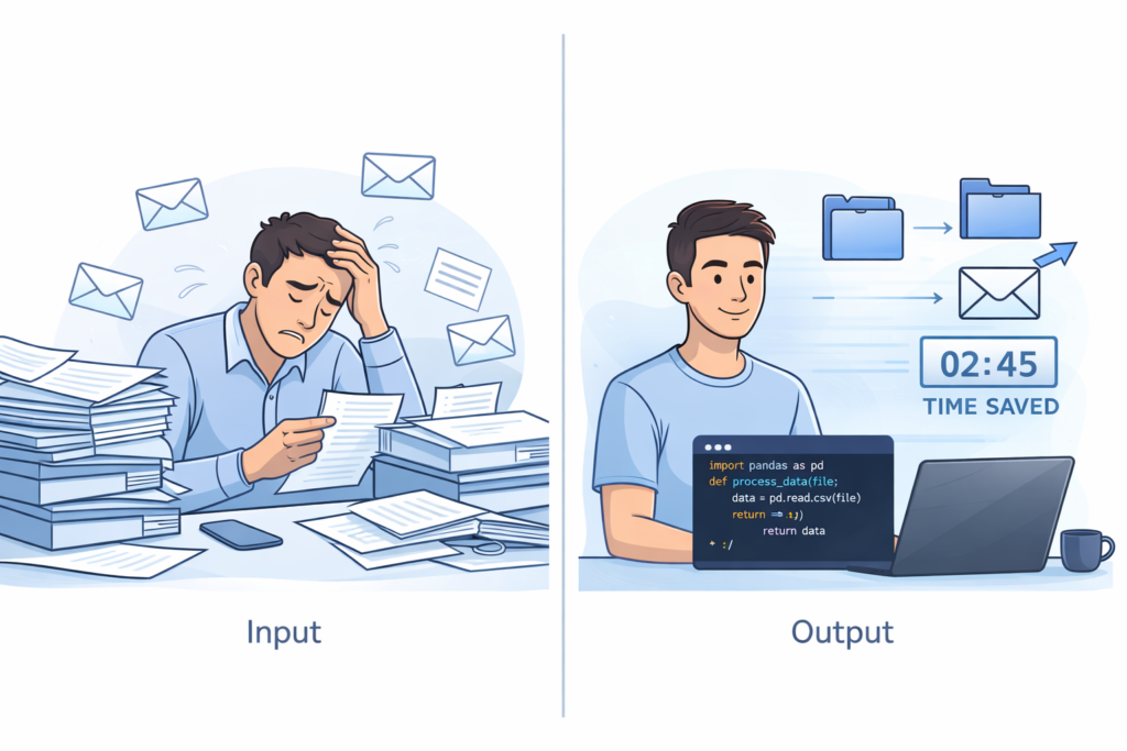 Illustration comparing manual work vs automating daily tasks with Python to save time and increase productivity