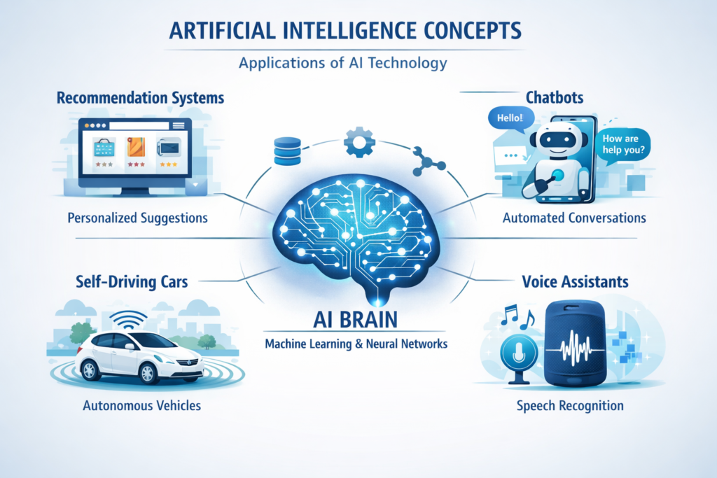Artificial intelligence examples including chatbots recommendation systems and self driving cars