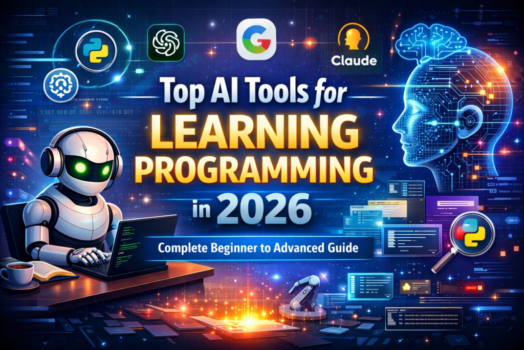 Top AI tools for learning programming in 2026 featuring ChatGPT, Gemini, and Claude with futuristic coding illustration