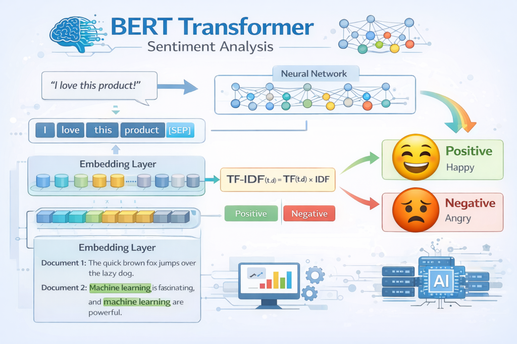 BERT transformer model for sentiment analysis in Python showing NLP deep learning architecture