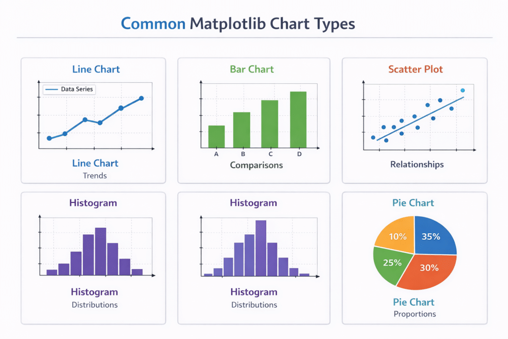 Matplotlib Data Visualization in Python showing line chart, bar chart, scatter plot, histogram and pie chart examples