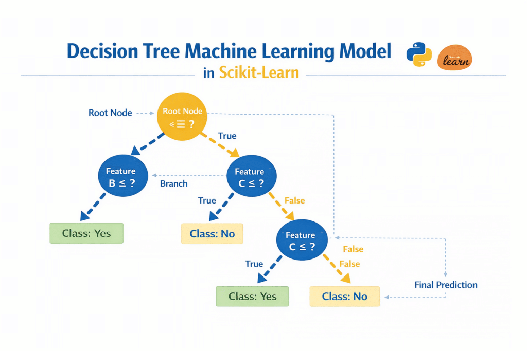 Decision tree machine learning model visualization used in Scikit-Learn for beginners classification tutorial