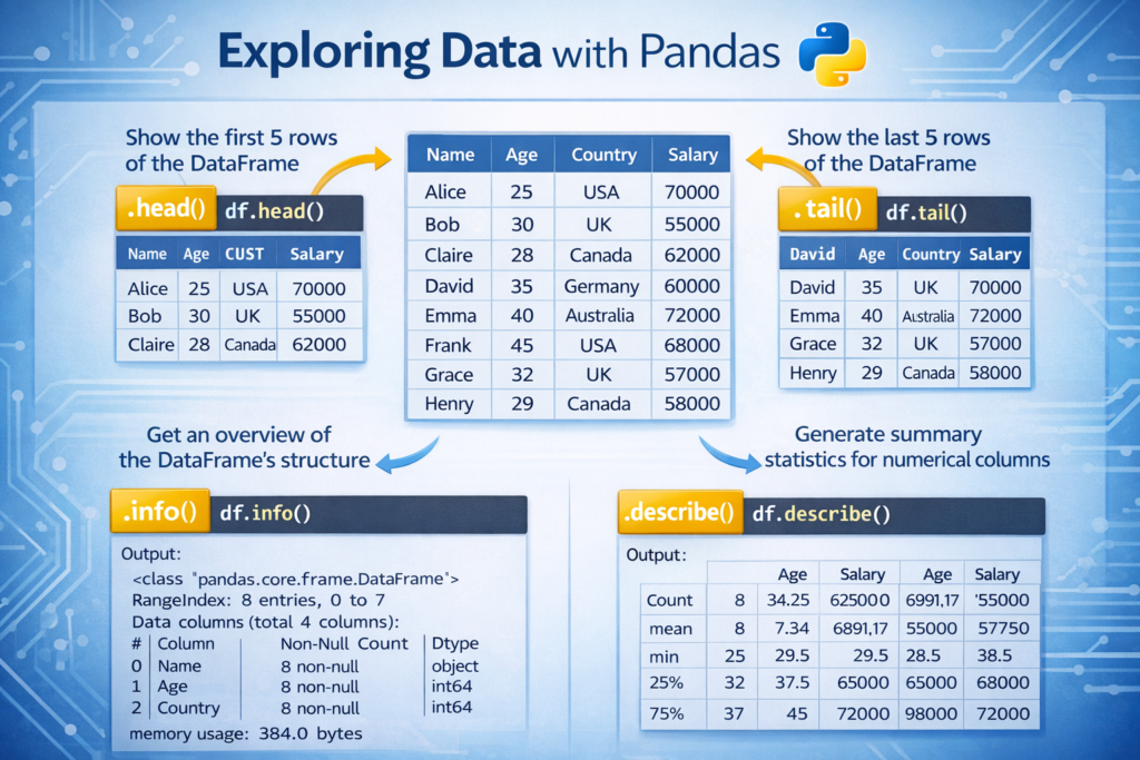 Pandas data exploration functions head tail info describe explained for Python data analysis