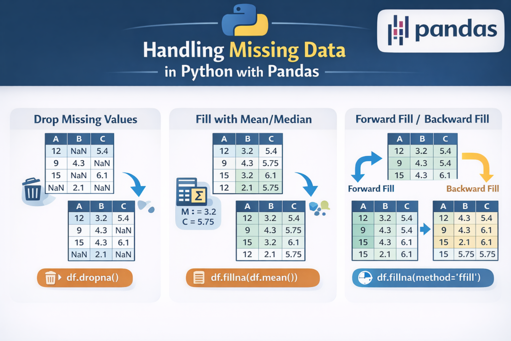 Handling missing values in Python for machine learning using Pandas including dropna, fillna, and forward fill methods
