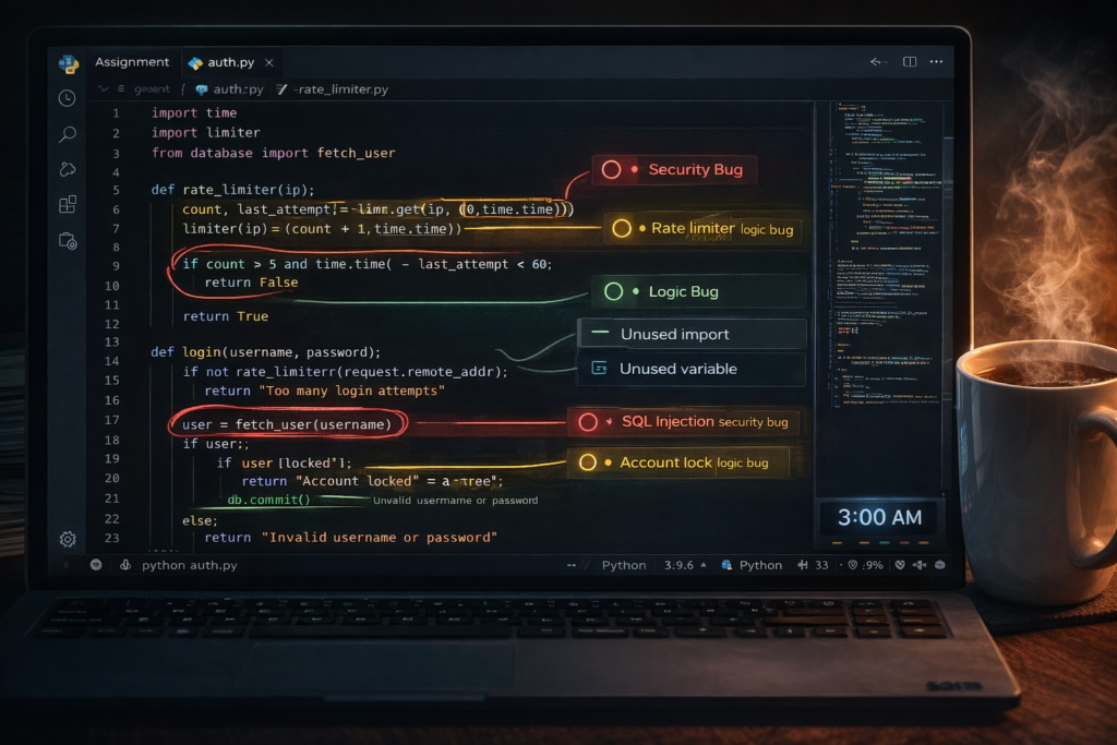DeepSeek or ChatGPT debugging authentication code with 7 bugs