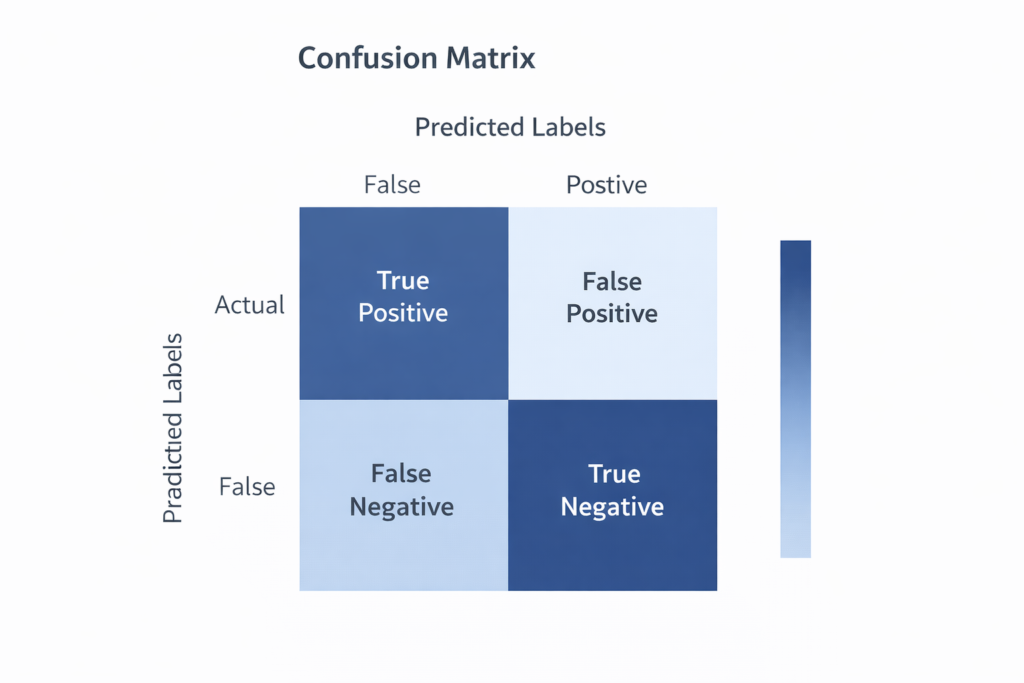 Confusion matrix visualization for text classification model evaluation in Python showing predicted and actual labels.
