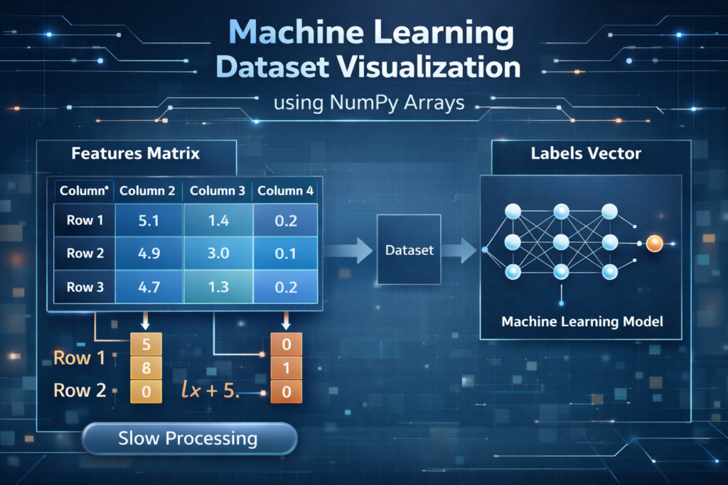 Machine learning dataset structure using NumPy arrays showing features matrix and labels vector