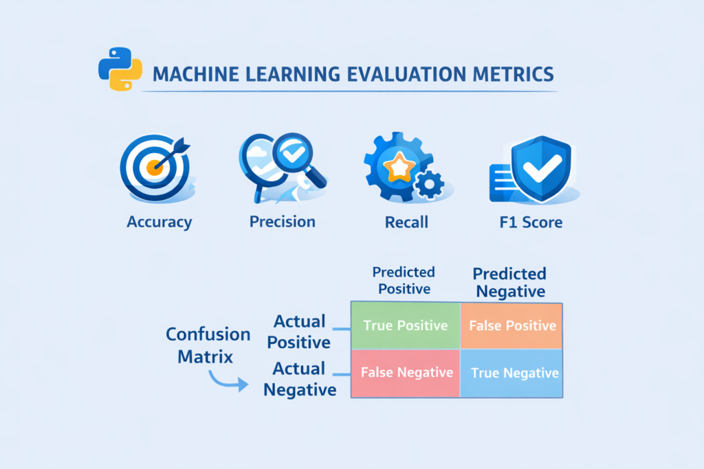 Machine learning evaluation metrics infographic showing accuracy, precision, recall, F1 score, and confusion matrix