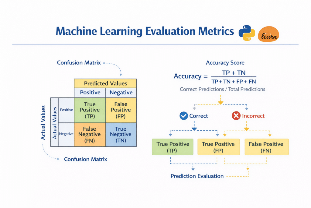 Confusion matrix and accuracy score infographic explaining machine learning evaluation metrics in Scikit-Learn for beginners