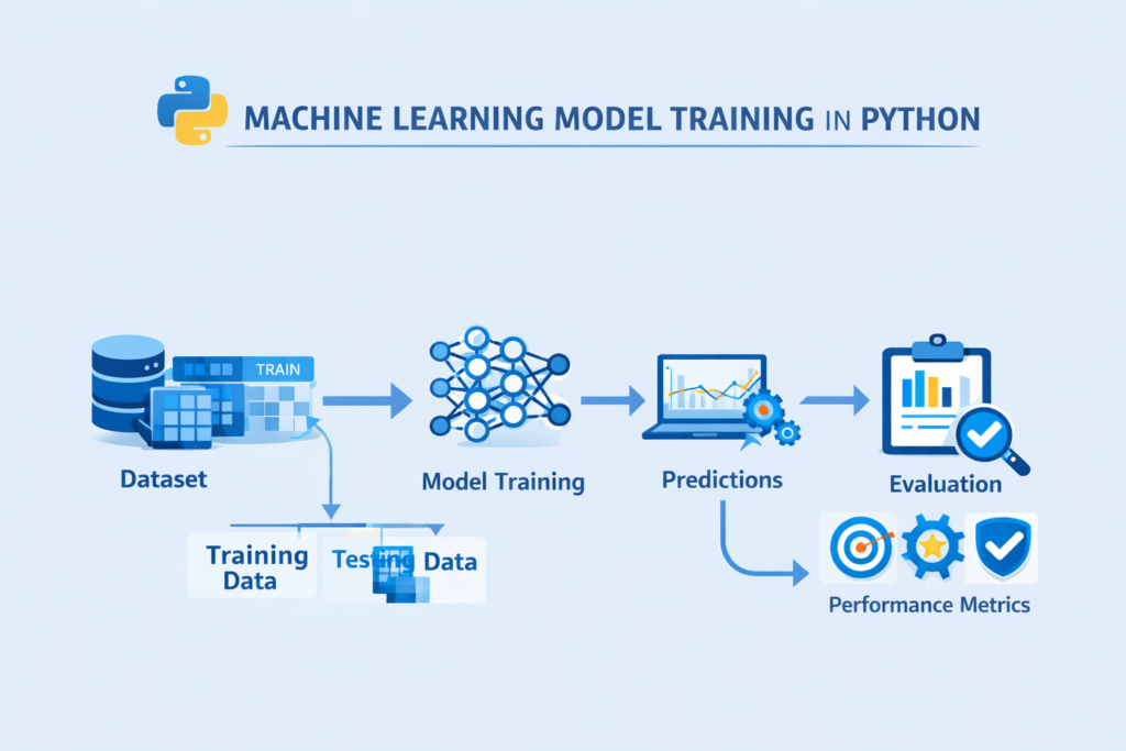 Machine learning model training process in Python showing train test split, model training, predictions, and evaluation metrics