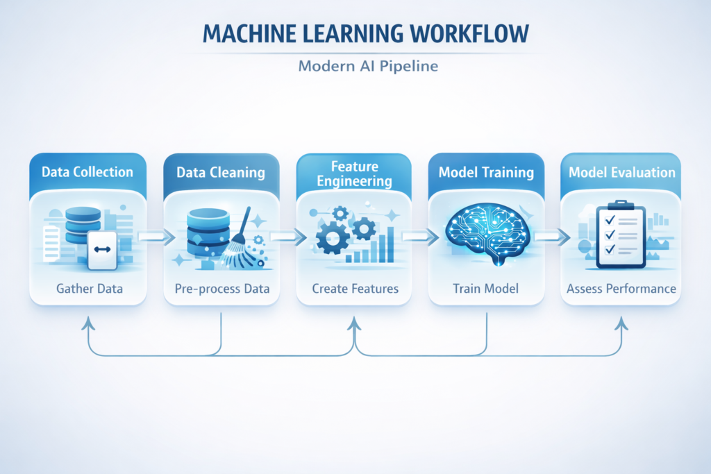 AI workflow in Python showing data preprocessing model training and evaluation pipeline