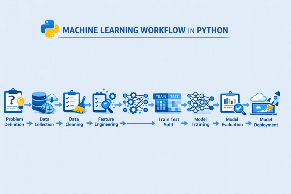 Machine Learning Workflow in Python pipeline diagram showing data collection, preprocessing, model training, evaluation, and deployment steps