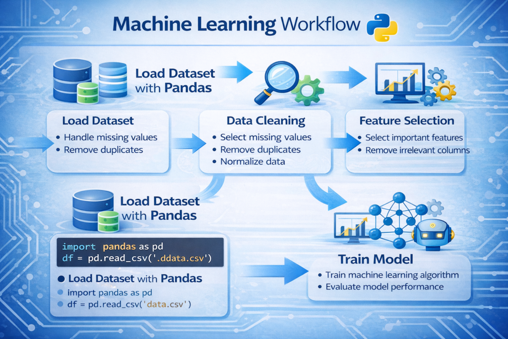 Pandas data preprocessing for machine learning workflow in Python showing dataset cleaning and feature preparation