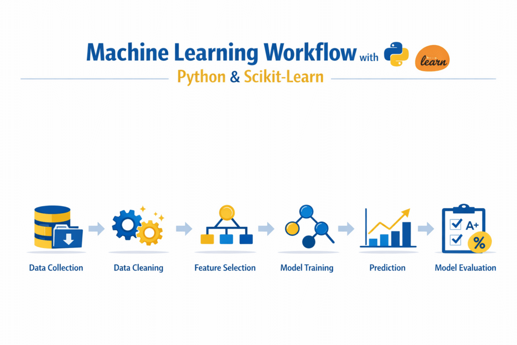 Machine learning workflow diagram showing data collection, preprocessing, model training, prediction and evaluation using Scikit-Learn for beginners