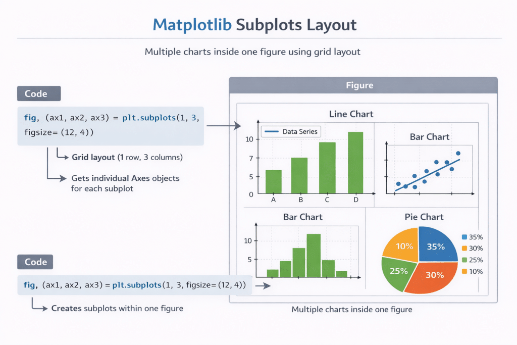 Matplotlib Data Visualization in Python dashboard example using subplots to combine multiple charts