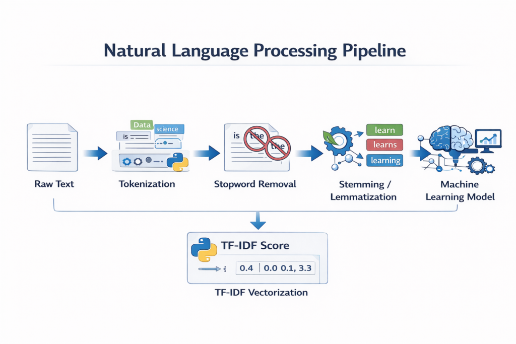 NLP pipeline diagram showing tokenization, stopword removal, TF-IDF vectorization, and machine learning workflow in Python