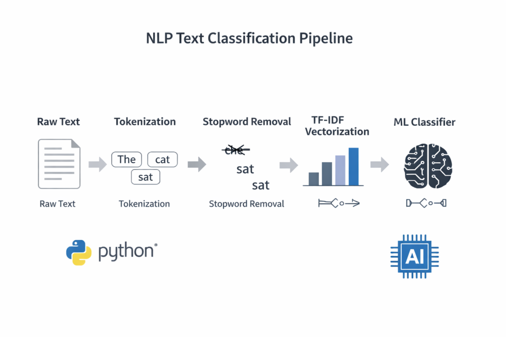NLP pipeline for text classification in Python showing tokenization, preprocessing, TF-IDF vectorization, and machine learning model.