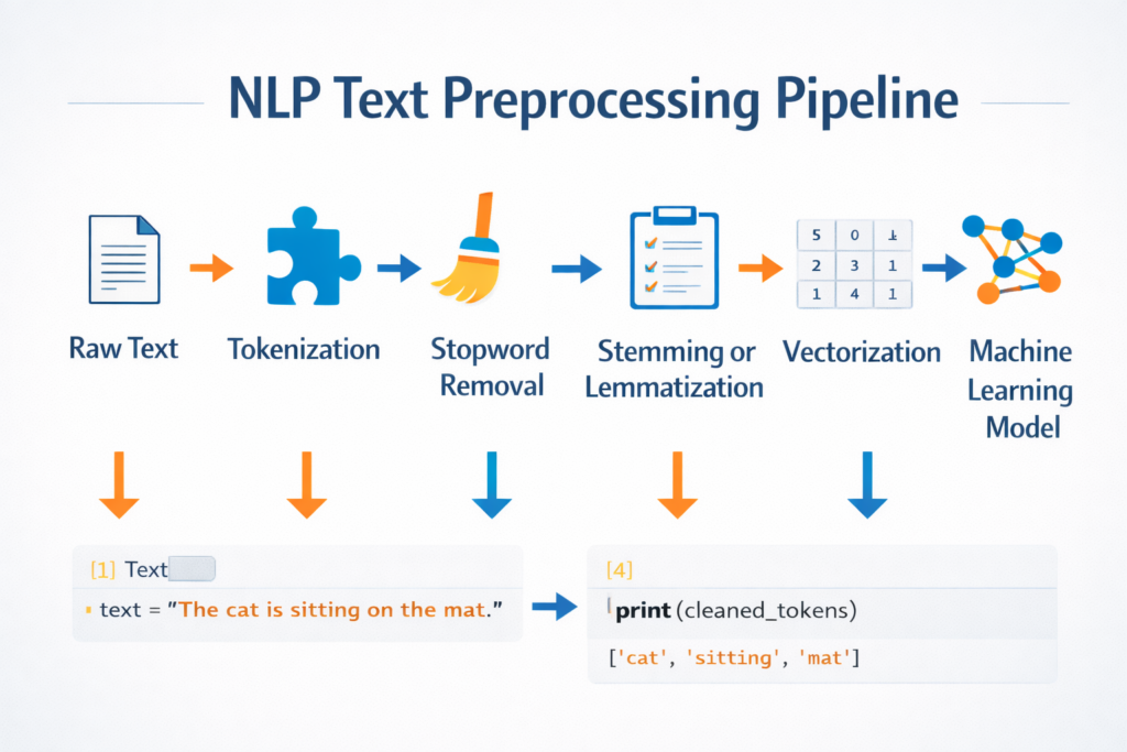 Natural language processing pipeline showing stopword removal step between tokenization and stemming in Python NLP workflow.