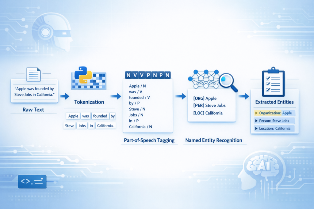 Named Entity Recognition pipeline diagram showing tokenization, POS tagging, and entity extraction steps in Python NLP