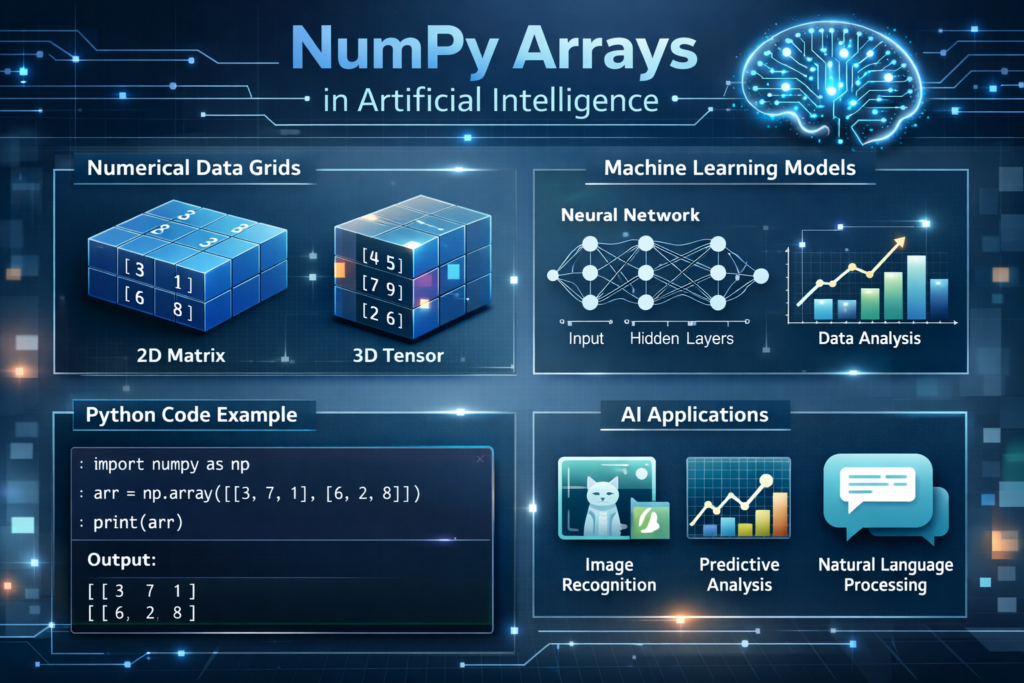NumPy arrays used in artificial intelligence showing matrices numerical data and machine learning workflow