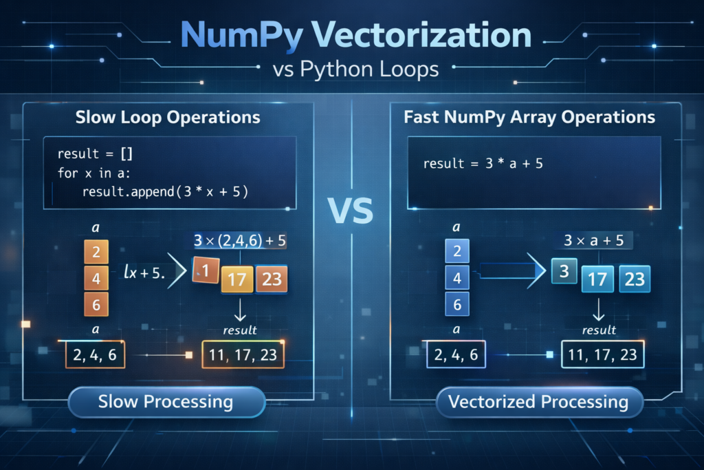 NumPy vectorization compared with Python loops showing faster array operations for machine learning