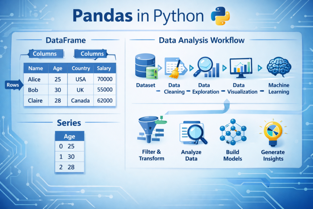 Pandas data structures explained showing Series and DataFrame in Python for data analysis