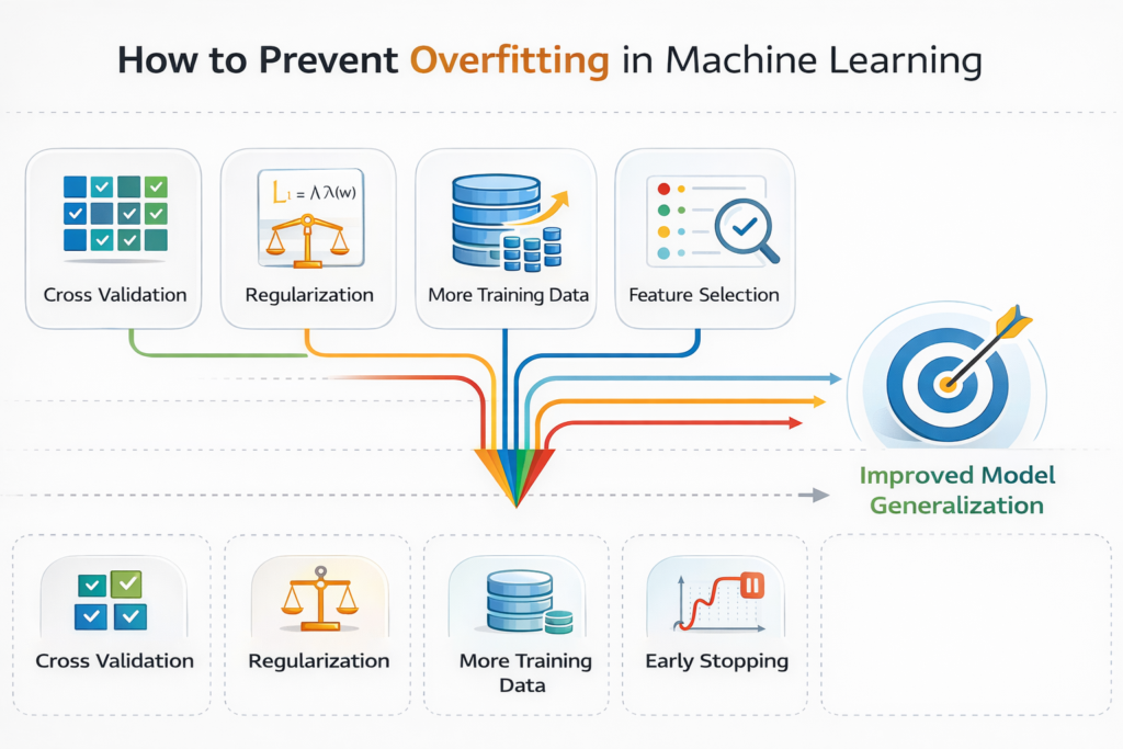 Machine learning overfitting prevention infographic showing cross validation, regularization, more data, and feature selection techniques.