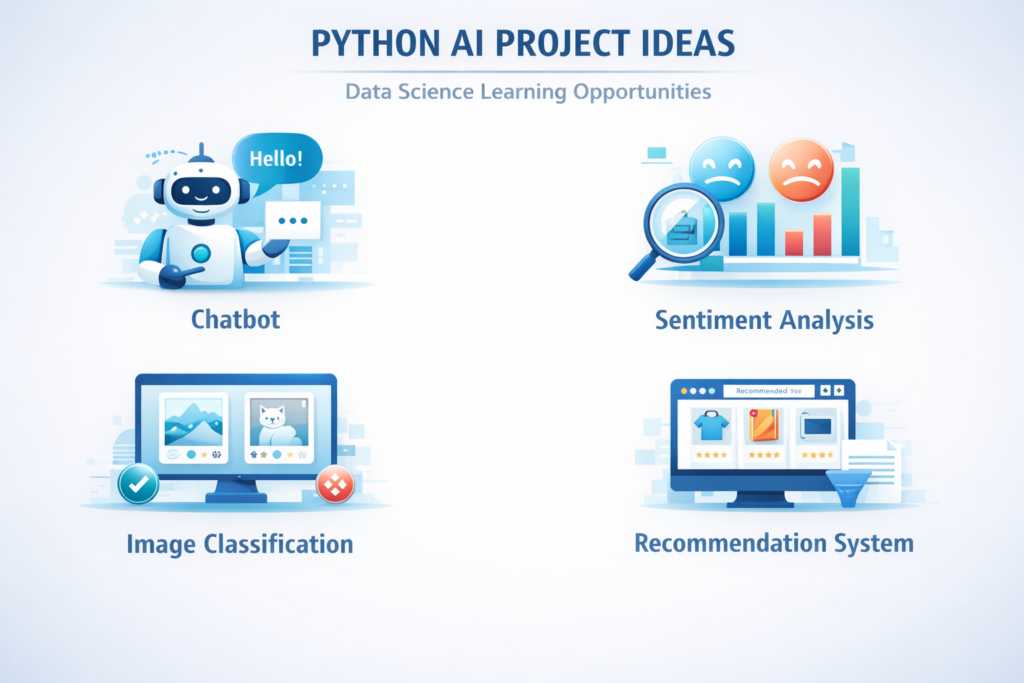 Beginner Python AI project ideas including chatbot sentiment analysis and image classification