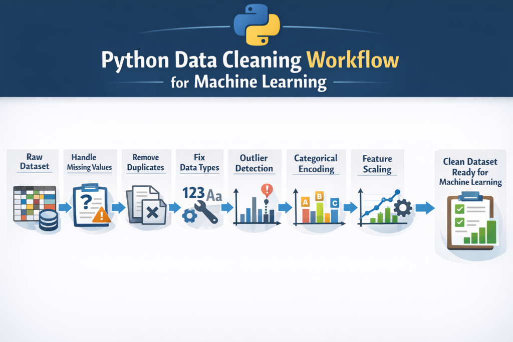 Python data cleaning workflow for machine learning showing steps like handling missing values, removing duplicates, fixing data types, detecting outliers, and preparing datasets for ML models