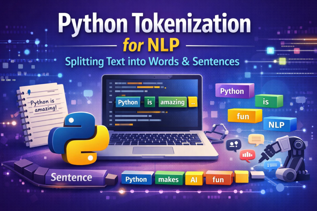 Python tokenization for NLP illustration showing how text is split into words and sentences using Python for natural language processing.