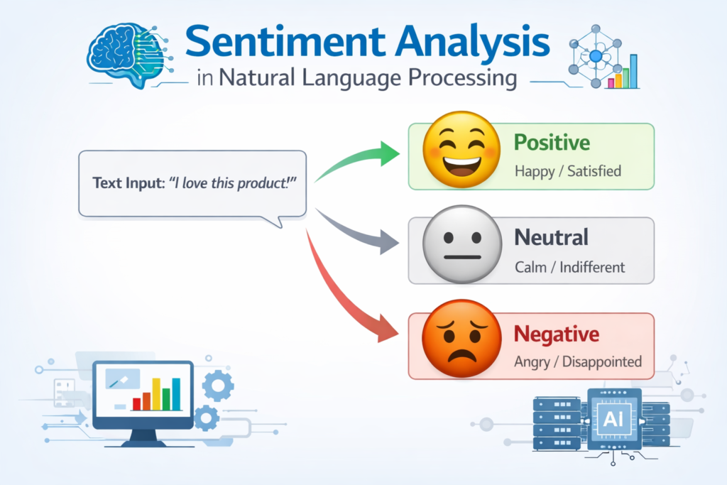 sentiment analysis process in NLP showing text classified into positive negative and neutral emotions