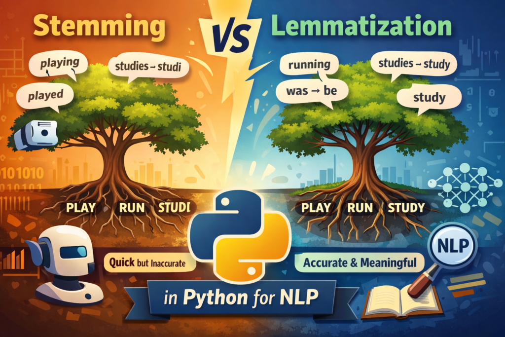 Stemming vs Lemmatization in Python for NLP comparison showing how stemming reduces words to roots like "studies → studi" while lemmatization converts them to dictionary forms like "studies → study".