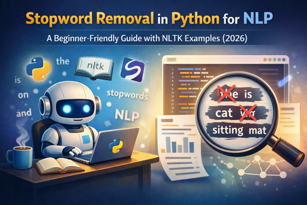 Stopword removal in Python for NLP illustration showing Python, NLTK, and SpaCy processing text and removing common words like ‘the’, ‘is’, and ‘on’ from a sentence.
