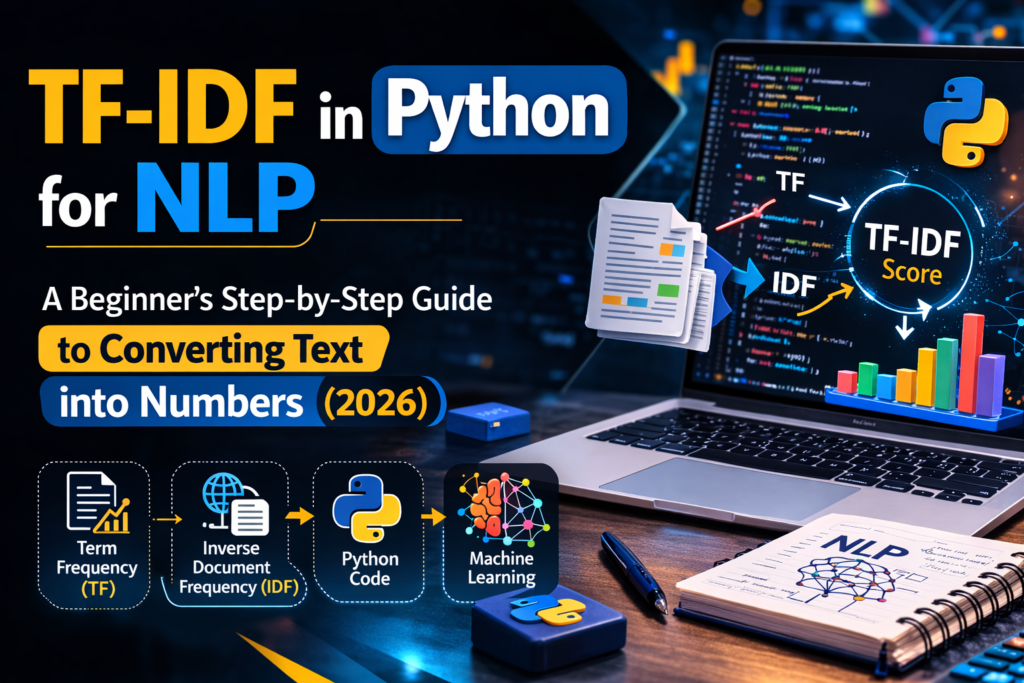 TF-IDF in Python example showing how text documents are converted into numerical vectors for NLP using term frequency and inverse document frequency