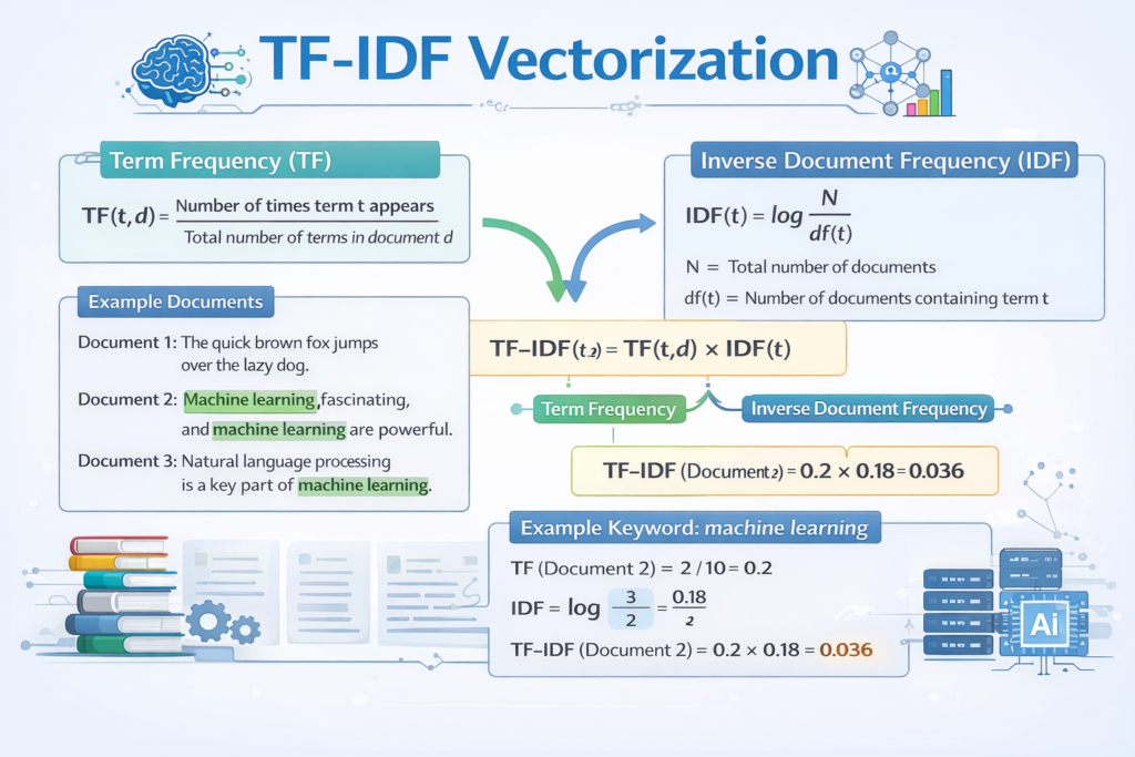 TF-IDF vectorization in Python for NLP showing term frequency and inverse document frequency calculation