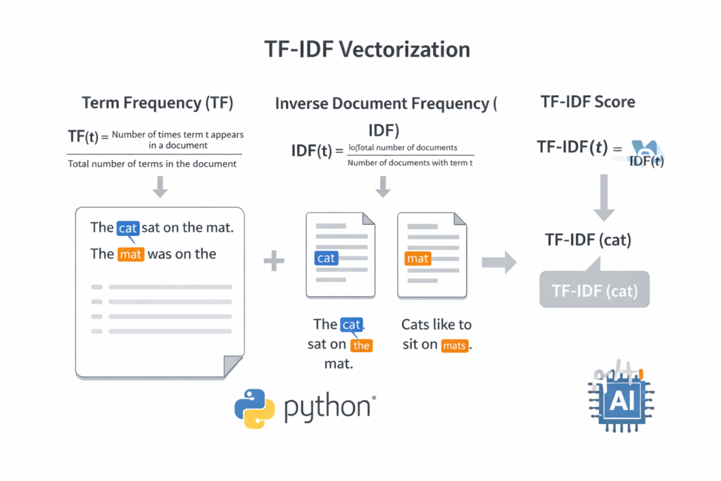 TF-IDF vectorization diagram used in text classification in Python showing term frequency and inverse document frequency calculation.