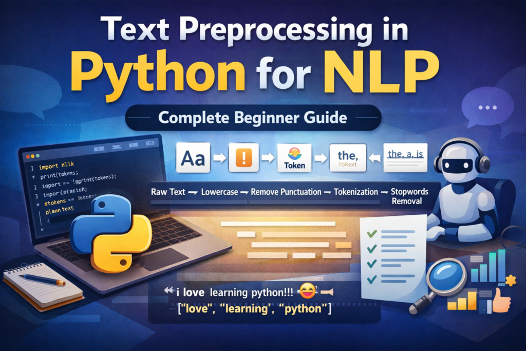 Text preprocessing in Python for NLP pipeline showing tokenization, punctuation removal, and stopwords cleaning
