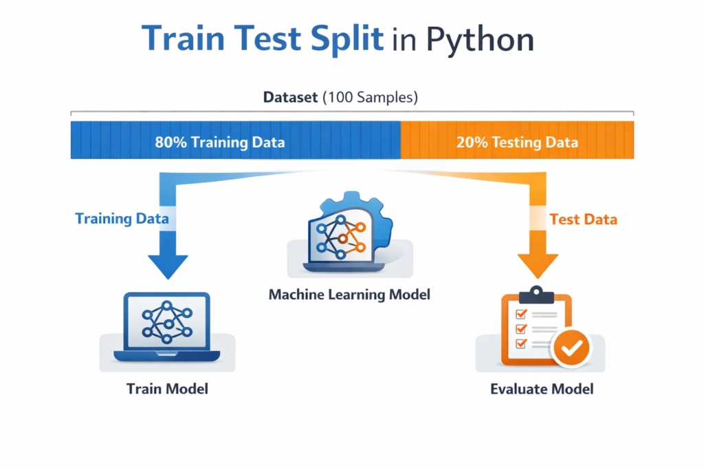 Train Test Split in Python diagram showing dataset divided into 80 percent training data and 20 percent testing data