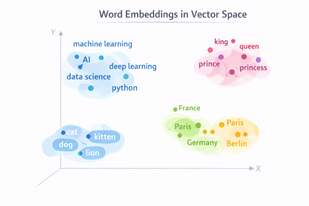 Word embeddings scatter plot showing semantic clusters of related words in a vector space